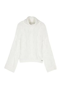 Maglione bianco a maglia a coste con colletto alto piegato, maniche lunghe e taglio corti. Presenta motivi testurizzati e un piccolo logo decorativo.