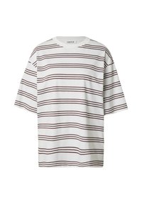 Weißes T-Shirt mit kurzen Ärmeln, horizontalen kastanienbraunen Streifen, lockere Passform, Rundhalsausschnitt, aus weichem Baumwollmaterial.