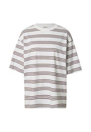 Witte t-shirt met korte mouwen, horizontale kastanjebruine streepjes, relaxed fit, ronde hals, gemaakt van zacht katoen.