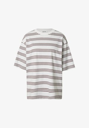 Witte t-shirt met korte mouwen, horizontale kastanjebruine streepjes, relaxed fit, ronde hals, gemaakt van zacht katoen.