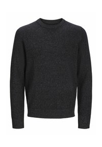 Jersey de cuello redondo hecho de un tejido de punto texturizado en gris oscuro, con mangas largas y puños y dobladillo acanalados.