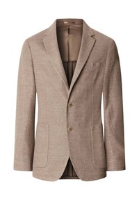 Lichte bruine getextureerde herenblazer met inkeping revers, twee knopen, voorzakken met klep en gedeeltelijk zichtbare satijnen voering.