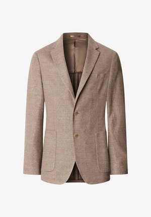 Herrenblazer in hellbraun mit Struktur, Klappkragen mit Kerbe, zwei Knöpfen, aufgesetzten Vorder- taschen und teilweise sichtbarem Satinfutter.