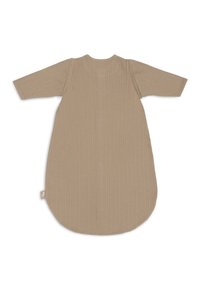 Beige geribbelde slaapzak met lange mouwen en een afgeronde onderkant. Zachte stof, label aan de zijkant, eenvoudig ontwerp zonder extra patronen of accenten.