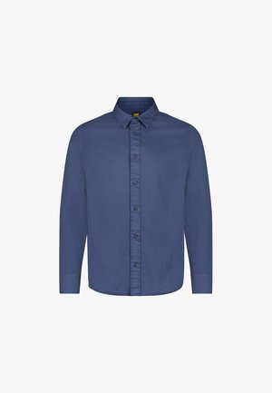 Granatowa koszula z długim rękawem wykonana z bawełny, z przodem zapinanym na guziki i kołnierzykiem w szpic. Subtelne logo na klatce piersiowej, teksturowana tkanina.