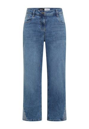 Jean en denim bleu à jambes droites avec poches avant, passants de ceinture et fermeture par boutons.