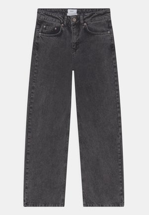 Augstas jostas, plata kāja džinsi tumši pelēku denimu, ar pogu un rāvējslēdzēja aizdari, divām priekšējām kabatām un smalku tekstūru.