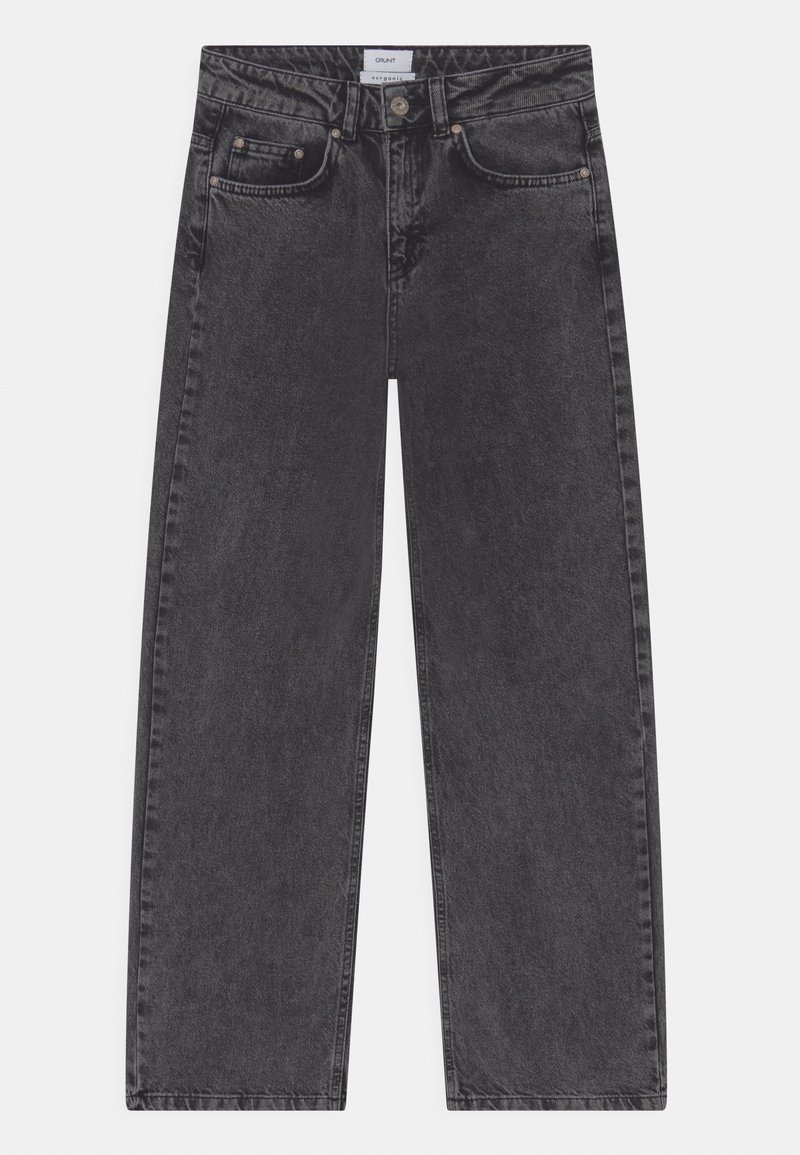 Jeans cu talie înaltă și picior larg, din denim gri închis, prezentând un sistem de închidere cu buton și fermoar, cu două buzunare frontale și o textură subtilă.