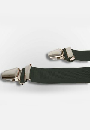 Bretelles élastiques vertes avec quincaillerie en métal argenté. Comprend des clips robustes et une texture nervurée le long de la sangle pour une meilleure adhérence.