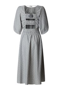 Midi haljina siva boje s tankim vertikalnim prugama, napuhanih polu rukava, nabranim strukom i kvadratnim izrezom na prsnom dijelu s vezom za zatvaranje.