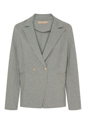 Grå dobbeltrækket blazer lavet af blødt stof. Har spidse revers, to forlommer og guldtonede knapper foran.