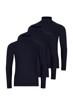 Trzy czarne koszulki z długim rękawem i golfem ułożone w przesuniętym rzędzie na białym tle.