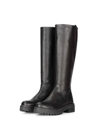 Botas negras hasta la rodilla hechas de cuero texturizado con una suela gruesa, con punta redondeada y un diseño minimalista sin adornos.