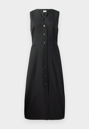 Robe noire sans manches avec un décolleté en V, sept boutons sur le devant et deux poches latérales ; tissu lisse et design ajusté.