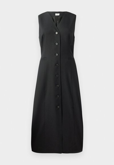 Musthave mustrümiga musta kleit, millel on V-kaelus, seitse nööpi ees ja kaks küljetaskut; sile riie ja figuuri järgiv disain.