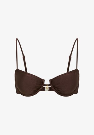 Brown padded bikini top with thin adjustable straps and a small gold sun charm clasp at the center front.