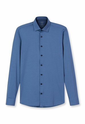 Langärmliges, blaues Shirt mit Knopfleiste aus glattem Stoff. Verfügt über einen spitzen Kragen und dunkle Knöpfe auf der Vorderseite. Normale Passform.
