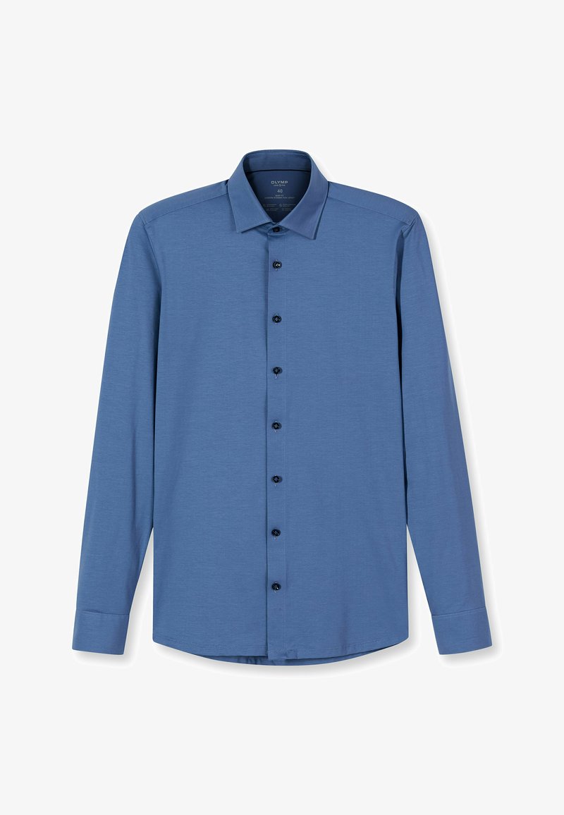 Long-sleeve blue button-up shirt made of smooth fabric. Features a pointed collar and dark buttons along the front. Regular fit.
