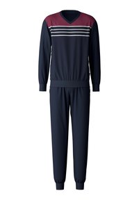 Navy tracksuit with a V-neck, maroon accents, and white horizontal stripes. Elastic cuffs and waistband for a fitted look. Smooth fabric texture.