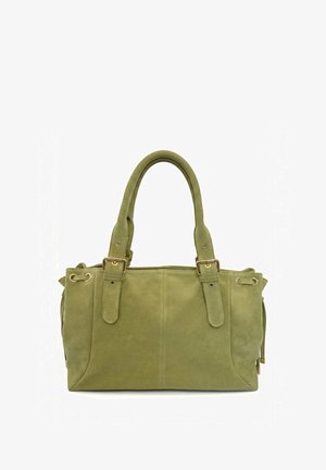 Hellgrüne Wildlederhandtasche mit zwei Schulterriemen und Schnallendetails auf weißem Hintergrund.