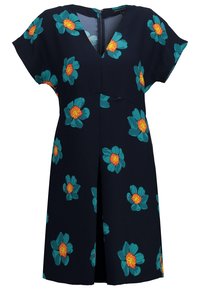 Vestido navy de mangas cortas, con escote en V, que presenta un patrón floral en tonos azul verdoso y naranja. Tiene una silueta recta y un cierre de cremallera en la parte posterior.