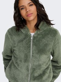 Veste en polaire verte à fermeture éclair avec une texture douce, dotée d'une capuche et de poches latérales. Le design comprend une fermeture éclair argentée et une coupe décontractée.