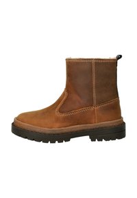 Bruine leren enkelboot met een zwarte stevige zool, zichtbare stiksels en een fleece voering die zichtbaar is aan de bovenrand.