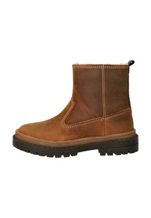 Bottine en cuir brun avec semelle noire robuste, couture visible et doublure en polaire visible sur le bord supérieur.