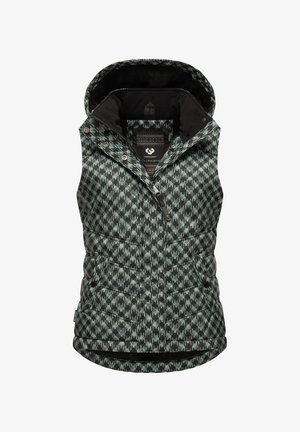 Quilted vest with a hood, featuring a geometric black and teal pattern, front zip closure, and two side pockets. Soft inner lining.