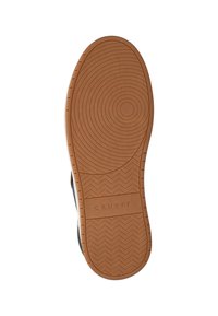 Rubberen schoenzool met cirkelvormige en visgraatprofielen; inclusief ingedrukte "CRUYFF" merknaam; bruine kleur met textuur voor grip.