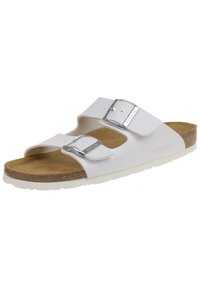 White two-strap sandals with a cork footbed, smooth synthetic upper, and silver-tone buckles, featuring a white rubber sole.
