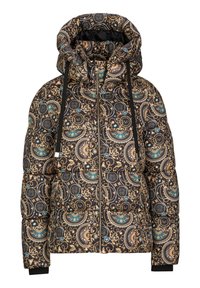 Pufferjack met capuchon, vooraan met rits, zwarte basis, versierd met ingewikkelde gouden, teal en beige barokstijl cirkel- en kettingpatronen.