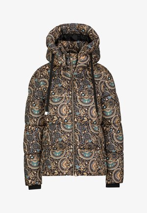 Daunenjacke mit Kapuze, Reißverschluss vorne, schwarze Basis, verziert mit aufwendigen goldenen, teal und beigen Barock-muster in Form von Kreisen und Ketten.