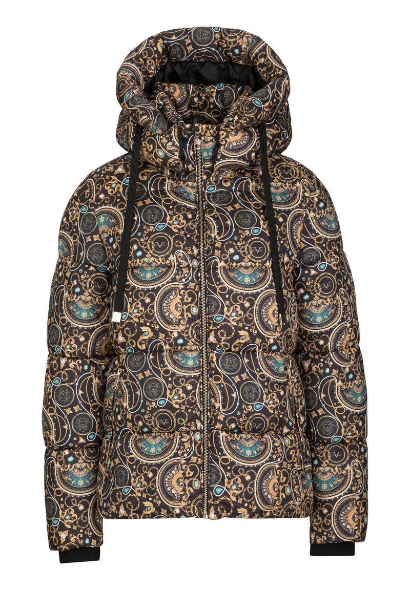 Pufferjack met capuchon, vooraan met rits, zwarte basis, versierd met ingewikkelde gouden, teal en beige barokstijl cirkel- en kettingpatronen.