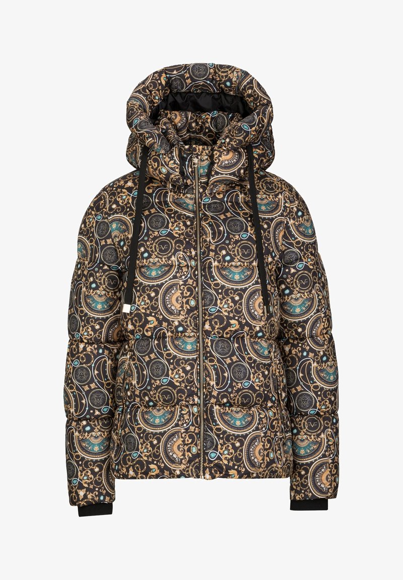 Pufferjack met capuchon, vooraan met rits, zwarte basis, versierd met ingewikkelde gouden, teal en beige barokstijl cirkel- en kettingpatronen.