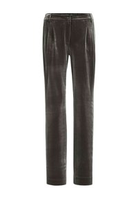 Donkergrijze fluwelen rechte broek met voorplooien en riemlussen, ontworpen voor een getailleerde pasvorm.