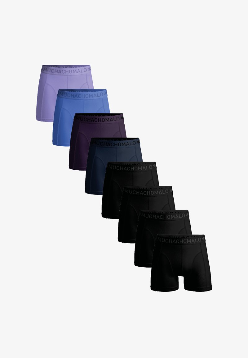Eight pairs of boxer shorts in varying shades: light purple, dark purple, and black. Each features a black elastic waistband with "MUCHACHOMALO" printed.