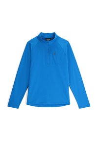 Pullover blu a maniche lunghe con zip a quarto, con tessuto testurizzato e logo di ragno nero sul petto. Progettato per l'abbigliamento sportivo.