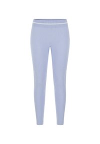 Hellblaue Leggings aus Rippenstoff mit eng anliegendem Schnitt und einem kontrastierenden breiten Bund mit zwei weißen Streifen.