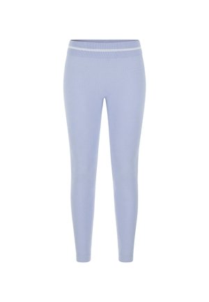 Hellblaue Leggings aus Rippenstoff mit eng anliegendem Schnitt und einem kontrastierenden breiten Bund mit zwei weißen Streifen.