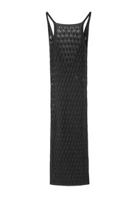 Longue robe noire en maille sans manches avec un motif texturé et de fines bretelles, présentée sur fond blanc.