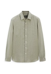 Camicia a maniche lunghe verde chiaro con bottoni, decorata con strisce verticali bianche, colletto classico, placca frontale e polsini standard.
