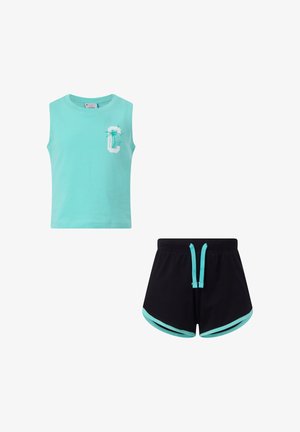 Sleeveless turquoise top with palm tree graphic paired with black shorts featuring turquoise trim and drawstring.