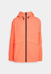 Helle orange Jacke aus leichtem Material, ausgestattet mit einer Kapuze, elastischen Bündchen und einem vorderen Reißverschluss mit schwarzem Akzent.