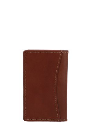 Portafoglio in pelle marrone con bordo cucito, caratterizzato da un design curvo e una texture liscia. Compatto, con un aspetto minimalista.