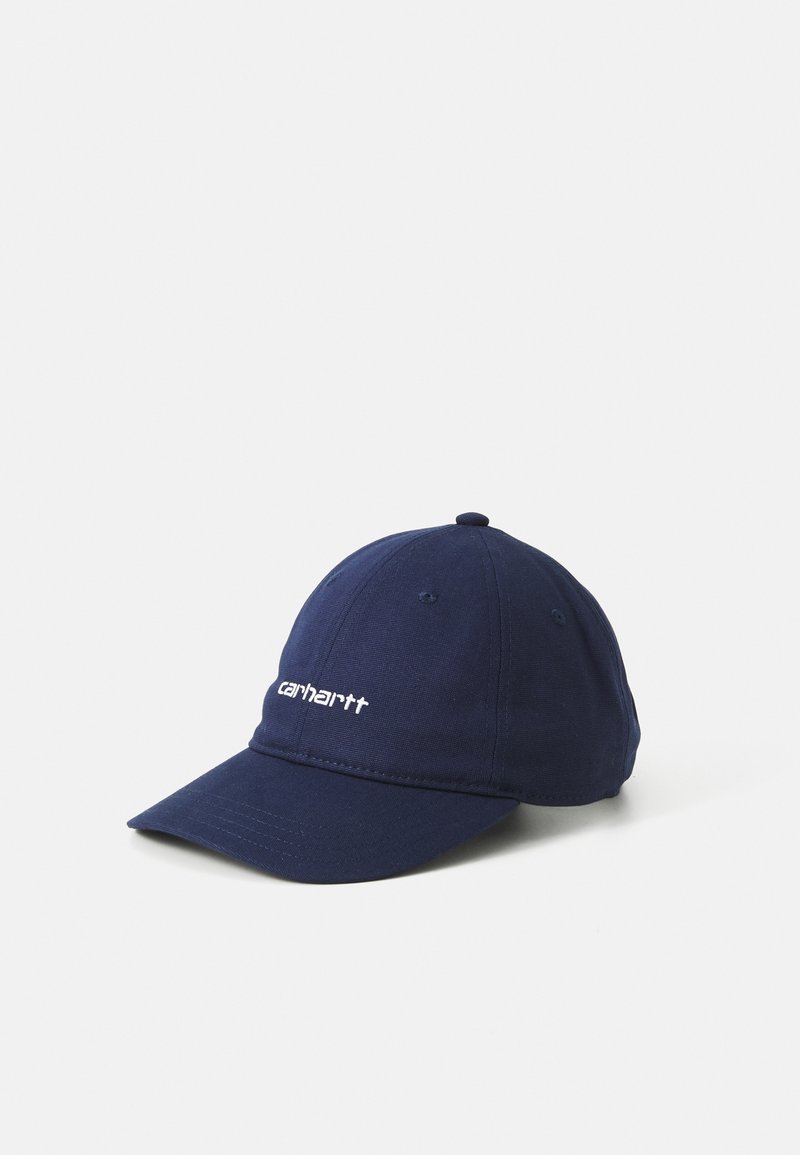 Cappello da baseball navy in tessuto. Presenta una visiera curva, logo ricamato sulla parte frontale e fori per la ventilazione. Design classico.