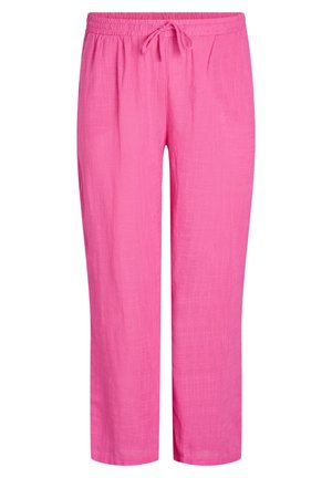Pantalons en lin roses avec une taille élastique, détail à cordon de serrage, design à jambes droites et texture subtile. Idéal pour un usage décontracté.