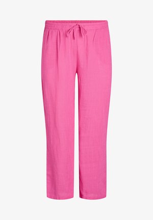 Rožinės lininės kelnės su elastine juosmena, su raišteliu, tiesiu kojų kirpimu ir subtiliu Audiniu. Puikiai tinka kasdieniams dėvėjimams.