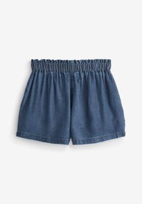 Denim shorts med elastisk talje, mørkeblå farve, løs pasform og opkrøllede kanter. Glat tekstur med minimale syninger.