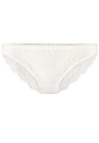Culotte en dentelle blanche avec broderie florale, bords en dentelle festonnée et un petit nœud en accent sur la ceinture avant. Texture lisse.